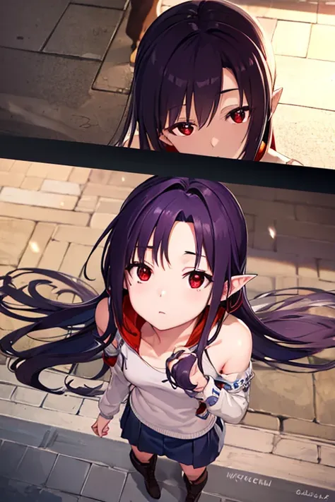 Yuki Konno, Yuki Konno, shairband, Long hair, pointy ear, Purple hair, (Red Eyes:1.5), (Small breasts:1.2), 
Purple Hoodie，White long skirt、Brown short boots，takes a break to look at the viewer, Upper body, Full body,
BREAK outdoors, 
BREAK (masutepiece:1....