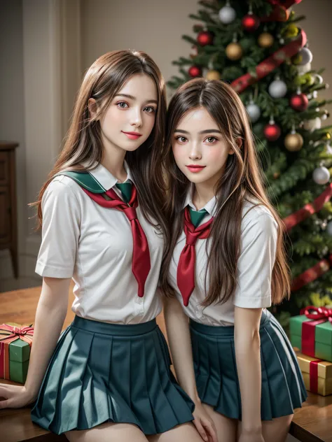 (2girls:1.4), Extremely cute, amazing face and eyes beautiful nice smile), (extremely detailed beautiful face), bright and shiny lips, (School uniform, Pleated skirt:1.3), (Best Quality:1.4), (hyper quality), (Ultra-detailed), (Hyper-realistic, Photorealsi...