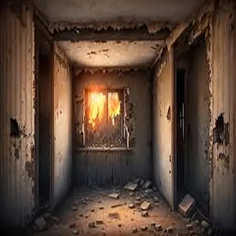 arafed room with a window and a window in it, post apocalyptic room interior, in a derelict house, in a old house. hyper realistic, inside a haunted destroyed house, haunted liminal abandoned room, fire from some windows, apocalyptic environment, apocalypt...