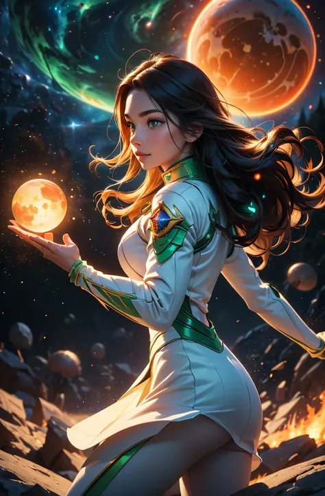 Highly detailed RAW color photo, beautiful young woman, smile at you, long red wavy hair, white and green space ranger costume, running dynamic pose, (detailed skin), (detailed lips), (detailed eyes), (cosmic: 1.4), (necropolis: 1.1), (science fiction sett...