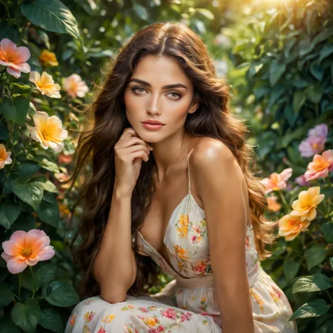 uma bela mulher na casa dos trinta anos, Agora mesmo, com olhos hipnotizantes, long flowing hair, and a confident expression. She is sitting in a vibrant and colorful garden, surrounded by lush greenery and blooming flowers. Sunlight filters through the le...