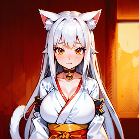 1woman, long white hair, orange eyes, big breast, white yukata, cat ears, cat tail, blush, shy expression, bell choker, solo, best quality, masterpiece, portrait, simple background, looking at the camera, from the front, detailed, perfect anatomy, detailed...