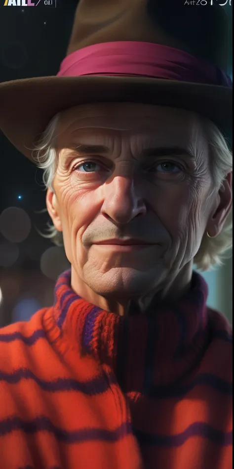 a close up of a person wearing a hat and a sweater, Iconic character of high detail, Beeple e Jean Giraud, Arte conceitual 4K e hiper realismo, arte do personagem do motor irreal, retrato de personagem de closeup, Retrato VFX altamente detalhado, Stefan Ko...