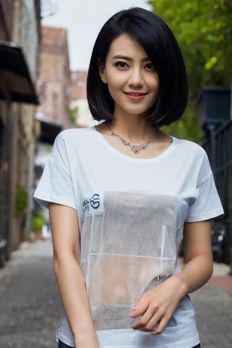 (t-shirt:1.5), upper body, smile,  short hair,  looking_at_viewer, indoors,   depth of field,outdoors, sunlight,  (1girl:1.6), u...