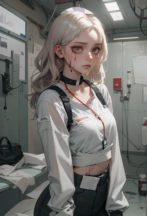 (Detailed illustrations,Very detailed and detailed drawing,Delicate lines with slow and rapid,Realistic texture expression),[Color tressed main line],Inorganic concrete room[Night Hospital],(Japan adult female[28 year old](Zombie Nurse))Hair put together [...