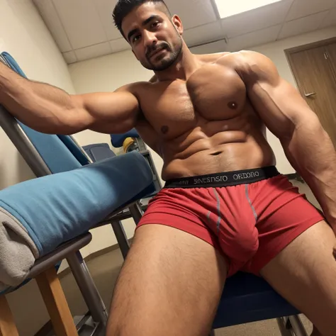 40 year old physical education teacher, en boxers, with a very large and long bulge in the crotch, sentado en una silla, front facing camera, guapo latino.