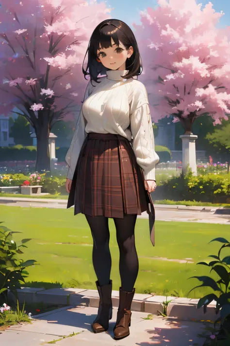 (High quality, High resolution, Ultra-detailed, Realistic:1.37), peaceful ambiance, (plein air, garden), Teenage girl standing alone, (My breasts are big.), Beautiful detailed features, Cute smile, (Black bob hair), Ribbed sweater, Red plaid skirt, Black t...