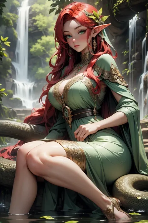 (Masterpiece - Ultra-Detailed, High Resolution) Prepare to be enchanted by a true masterpiece that combines ultra-detailed art with high-resolution rendering. This work shows a mesmerizing and sexy young elf with very large breasts and red hair. Green eyes...