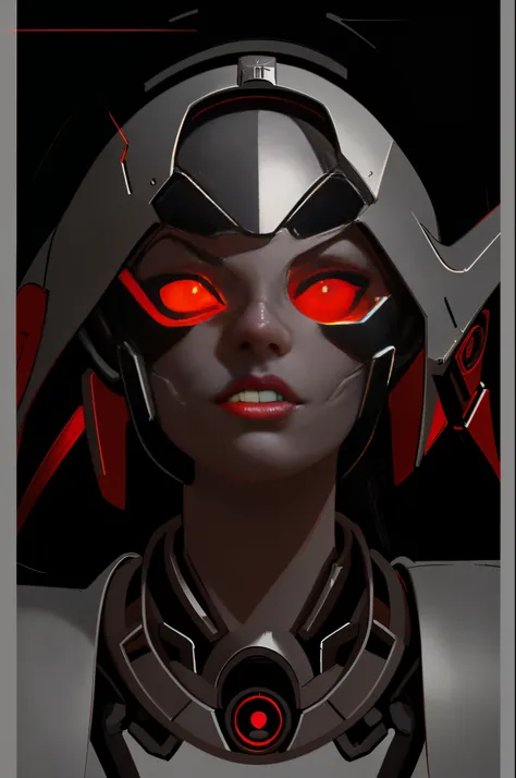 a close up of a person with a helmet on a black background, portrait of a cyborg queen, cyborg portrait, symmetry!! portrait of cyborg, detailed portrait of a cyborg, omen from valorant, stunning digital illustration, low detailed. digital painting, dark c...