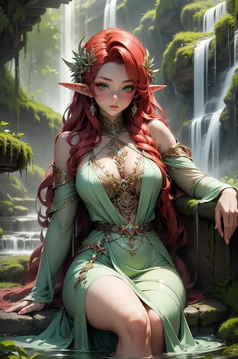 (Masterpiece - Ultra-Detailed, High Resolution) Prepare to be enchanted by a true masterpiece that combines ultra-detailed art with high-resolution rendering. This work shows a mesmerizing and sexy young elf with very large breasts and red hair. Green eyes...