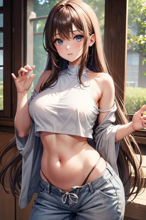 girl with brown long stright hair, fringe, blue eyes, small shoulders, small soft breasts, very high thin waist, very extra big sticked out food baby belly, well build thigs, soft skin, relaxed pose, wearing a white top and light gray loose baggy hip pants