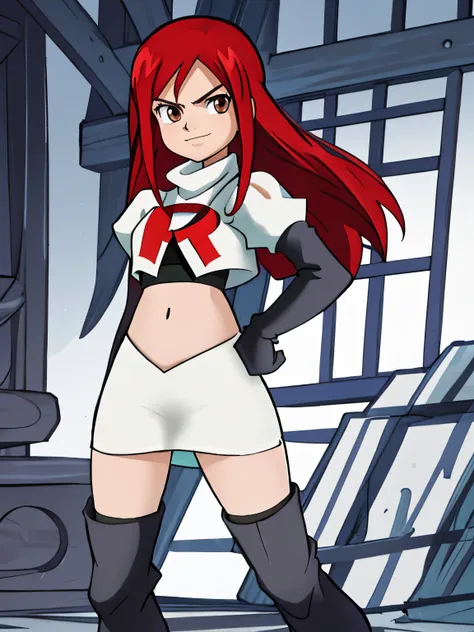 1girl, solo, erza scarlet, fairy tail, red hair, brown eyes, long hair, looking at viewer, serious, closed mouth, team rocket uniform, red letter R, white skirt,white crop top,black thigh-high boots, black elbow gloves, smile, looking at viewer, cowboy sho...