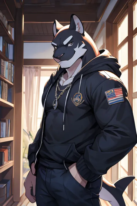 masterpiece, best quality, nj5furry,furry male, 1boy, furry, male focus, solo,animal ears, formal, panther ears,orca boy, smile , fluffy, black fur, white fur, two-tone fur, detailed fur, black eyes, black shirt, blue jean hoodie, thick eyebrows, tail, dor...