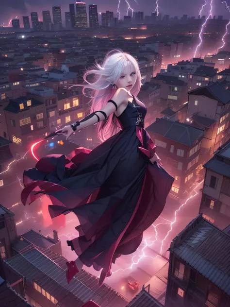 gothic black girl - rowley floating in the city with lightning,gothloli albino girl floating in the city with one hand,mulher no...