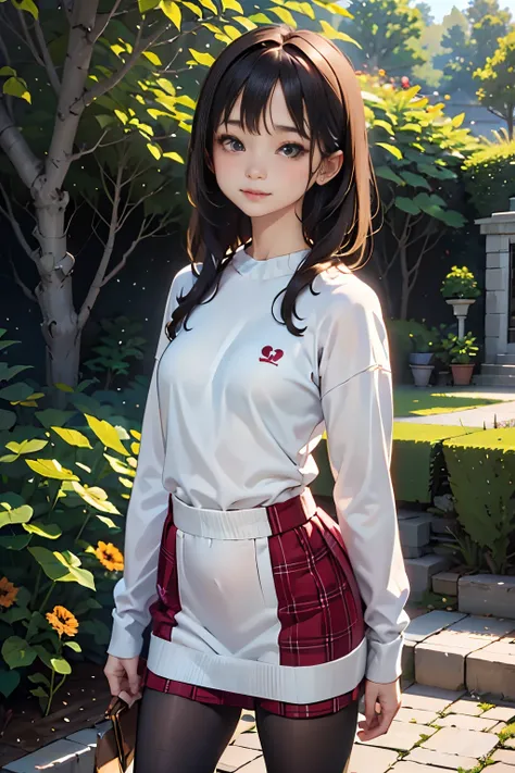 (High quality, High resolution, Ultra-detailed, Realistic:1.37), peaceful ambiance, (plein air, garden), Teenage girl standing alone, small tits, Beautiful detailed features, Cute smile, (Black bob hair), Ribbed sweater, Red plaid skirt, Black tights, Brow...