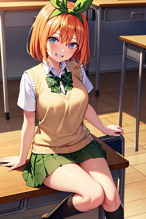 yotsubanakano, yotsuba nakano, bangs, short hair, blue eyes, hair between eyes, hair ribbon, hairband, orange hair, green ribbon...