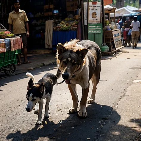 A indian animal rescuing a stray dog from a market