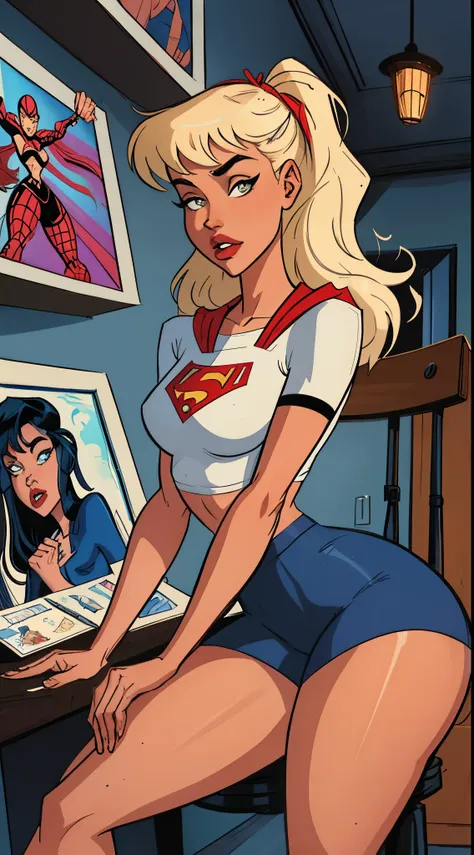 Digital illustration, cover comic in 1990s  style marvel comics, VFX , digital drawb,  sitting on a chair in a room, instagram model, 19-year-old girl, , young and cute girl, Thick and shapely thighs and legs,  blue school uniform in, 16 years old, , very ...