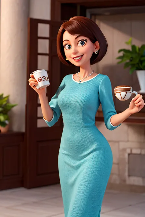 Loura, branca, 48 anos, olhos pretos, vestido  preto, baixa, magra, sorridente, sipping coffee