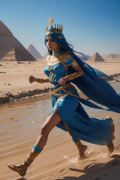 epic illustration of an Egyptian blue skin woman, eyes adorned with kohl, wearing a Pschent crown on her head, running along a mighty river with small vegetation on its banks, set against a scorching desert background