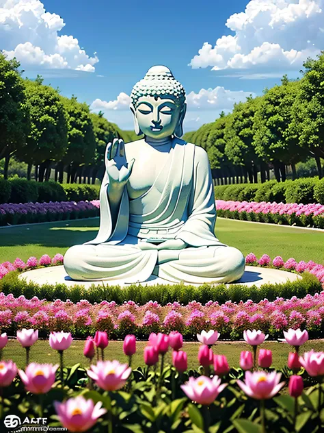 shot from far away，On a meadow，flowers blooming，The sky is blue，The background is blue sky，​​clouds，There is the sun in the sky，There is a huge white Buddha statue on the lotus seat，The Buddha statue clasped his hands together，rays of sunshine，フォトリアリスティック