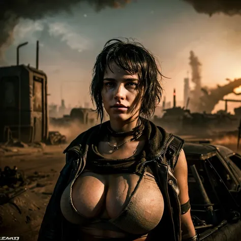 portrait 1  14 year old woman with big boobs and showing pussy ,science fiction, complex background  punk, mad max , futuristic, post-apocalyptic, dark, dim light, ((masterpiece, best quality, )),