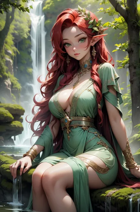 (Masterpiece - Ultra-Detailed, High Resolution) Prepare to be enchanted by a true masterpiece that combines ultra-detailed art with high-resolution rendering. This work shows a mesmerizing and sexy young elf with very large breasts and red hair. Green eyes...