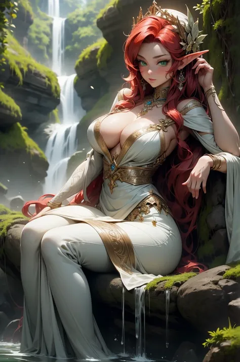 (Masterpiece - Ultra-Detailed, High Resolution) Prepare to be enchanted by a true masterpiece that combines ultra-detailed art with high-resolution rendering. This work shows a mesmerizing and sexy young elf with very large breasts and red hair. Green eyes...