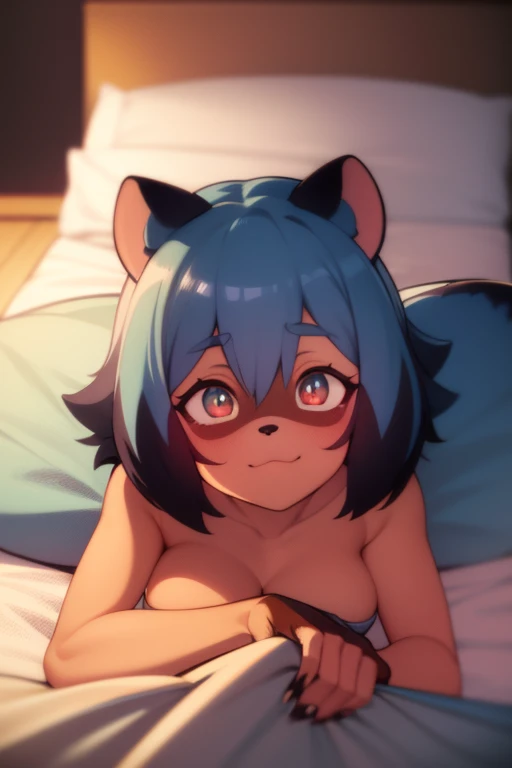 a close up of a cartoon tanuki laying on a bed, a pastel inspired by WLOP, Artstation, furry art, portrait of Michiru Kagemori, anthro art, pov furry art, commission for high res, furry art!!!, anthro paw pov art, art of silverfox, bottomless, fursona art,