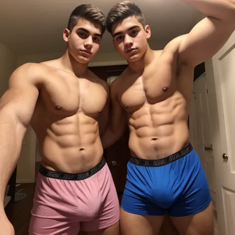 young teenagers of 20 years, en boxers con un bulto muy grande y largo en la entrepierna, imagen realista, front facing camera