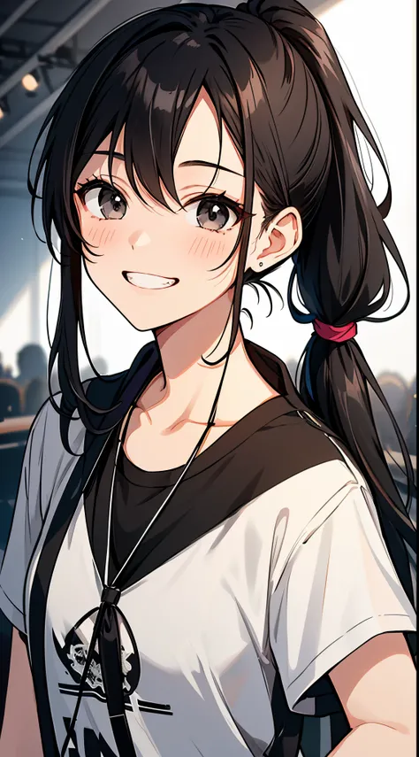 portrait, jet-black hair, tied-up hair, ponytail, hair tie, flowing hair, black eyes, casual clothes, stage background, idol fashion, grinning, beautiful face {{{{masterpiece, ultra-detailed, highest quality}}}}