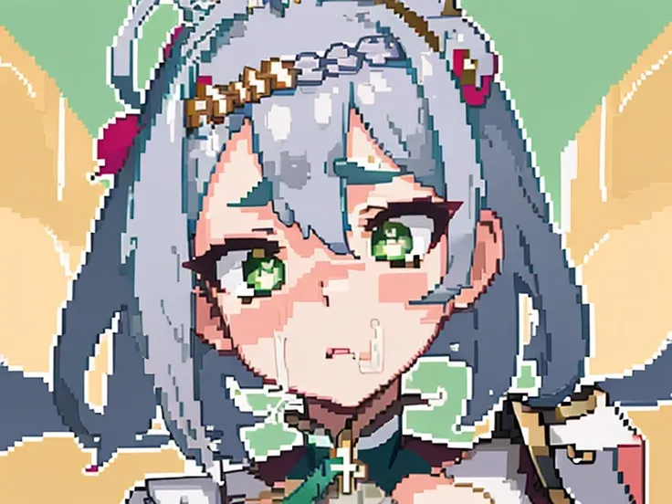 masterpiece, high quality, hcnone, pixel art, 1girl, noelle genshin impact, silver hair, green eyes,  gold color background, cum all over her face, TIT FUCK, TITJOB