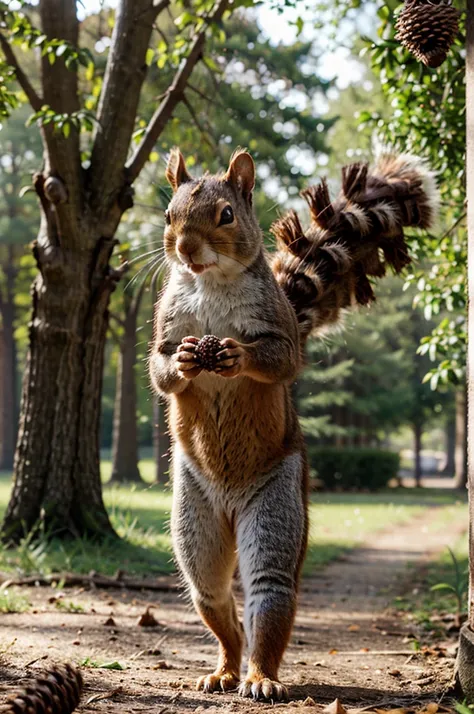 A little squirrel carried home with a pinecone with a cheerful expression,