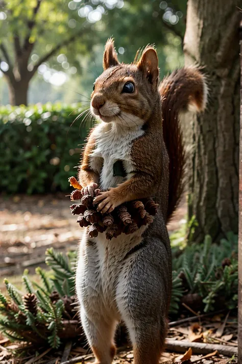 A little squirrel carried home with a pinecone with a cheerful expression,