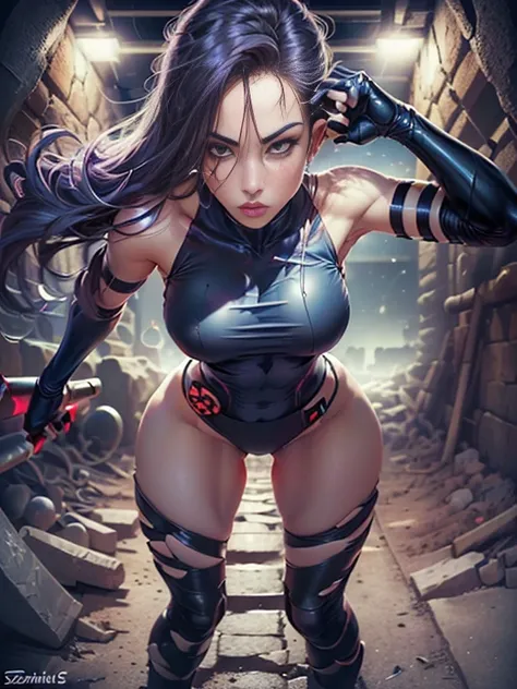 ((Psylocke is in an underground dungeon)), ((SUPERHEROINE PSYLOCKE (Ela esta vestindo roupas imorais, shes wearing indecent clothes), (obra-prima melhor qualidade) 1.5, 1girl, sozinho, (sexy, mulher bonita, rosto perfeito, olhos perfeitos), corpo inteiro, ...