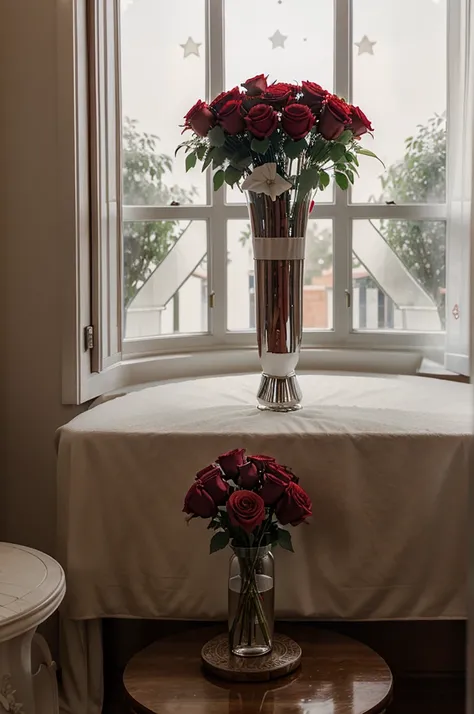 Stunning bouquet of roses and lilies in a ceramic vase, red and white colors, a cozy room, a garland, an open window, the moon and stars, evening, an atmosphere of comfort