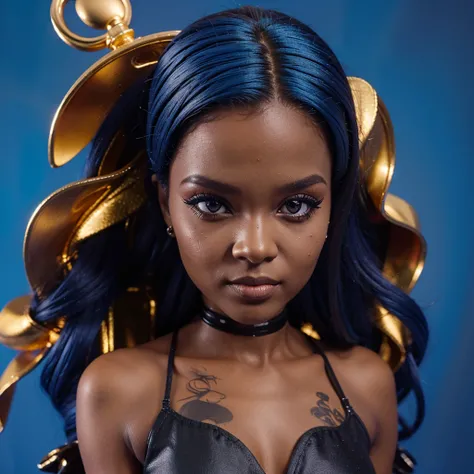 Uma garota de pele negra olhos dourado e cabelo azul de Monster High