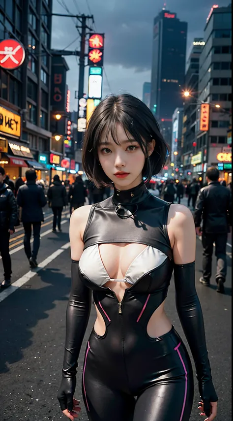 (8K, Raw photo, Best Quality, masutepiece:1.2), (Realistic, Photorealsitic:1.37),(Kpop Idol), (aegyo sal:1),Cute,Professional Lighting, Photon mapping, Radio City, Physically-based rendering, , Lucy (Cyberpunk),bob cuts,Mechanical parts,grey  eyes, Black t...