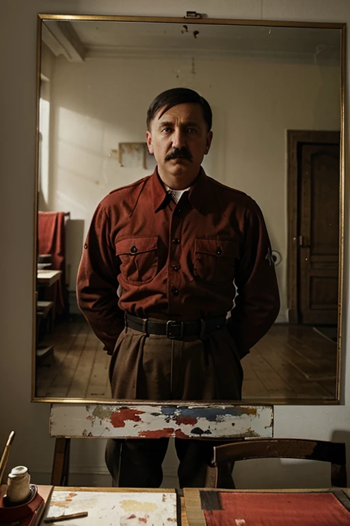 adolf hitler painting in a german room. wearing a red shirt