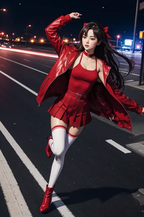 masterpiece, best quality,, maruzensky (umamusume),, red thighhighs, red jacket, pleated skirt, red skirt, long sleeves, choker, red shirt, open jacket, white bow, open clothes, high heel boots, asphalt road, running, eye trails, night sky, neon, from abov...