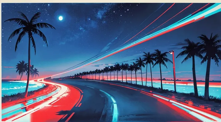 (cyberpunk road by the sea, blue and red glowing road, starry sky, big moon, palm trees), (classic convertible car), (low contrast, flat color, limited palette)