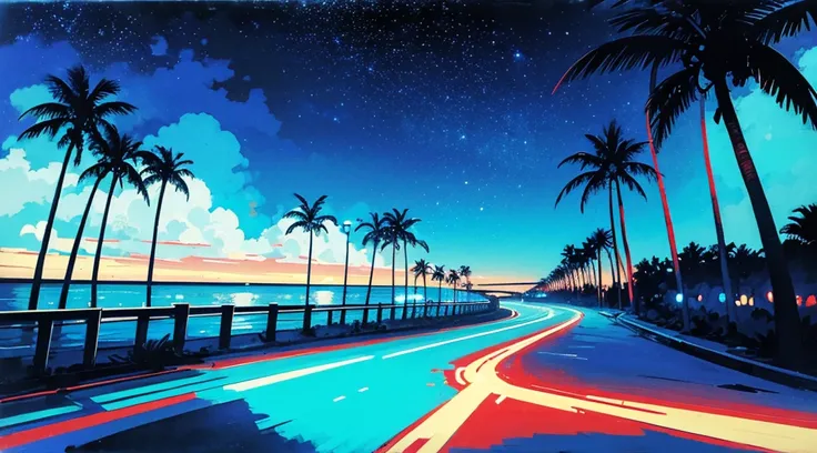 (cyberpunk road by the sea, blue and red glowing road, starry sky, big moon, palm trees), (classic convertible car), (low contrast, flat color, limited palette)