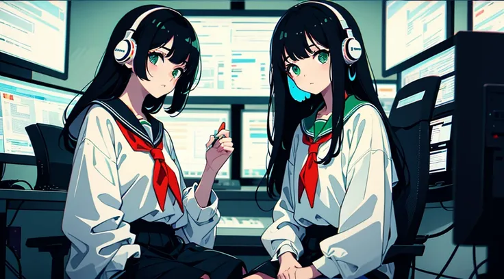 (2 girls, black hair, green eyes, sailor suit, headphone, sitting in a chair, kawaii), (green cyberpunk, room with big monitors, green neon), (low contrast, chromatic aberration, flat color, limited palette, ligne claire)