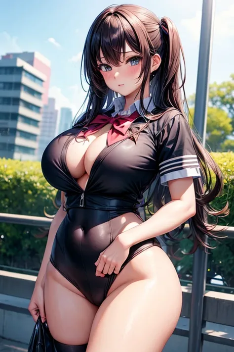 4k high resolution, anime young girl, hentai, school uniform, big boobs, tight clothes, boobs bulging out of school uniform clothes, big thighs, sexy, teenage anime girl