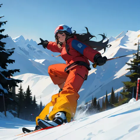 A long-haired woman wearing ski wear with a cute smile extends her hand on the slope and turns around