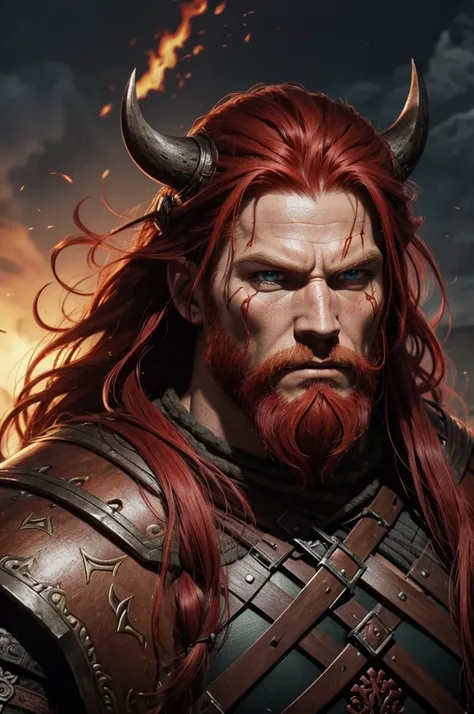 red-haired man, skin scars, viking, viking clothing, strong, muscular, serious facial expression, rpg art style, fantasy art style