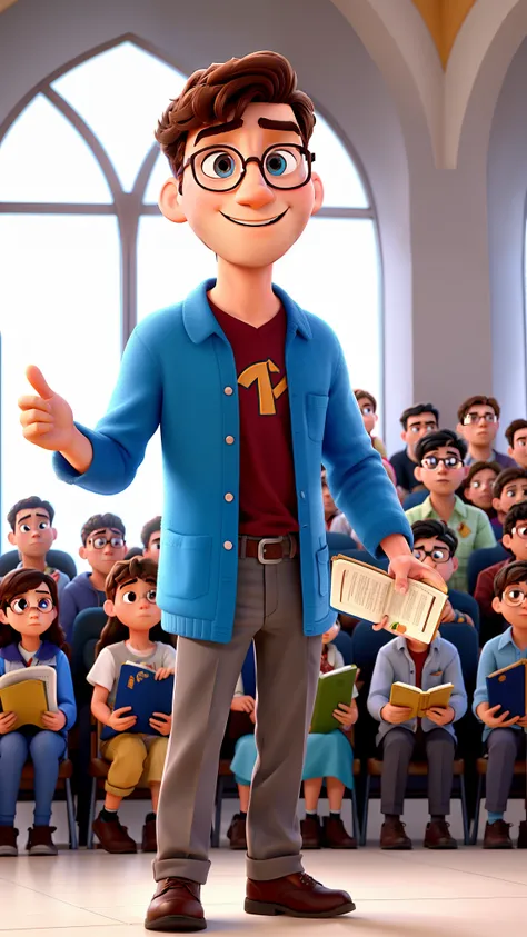 estilo poster de filme pixar, Young Christian Man Preaching Bible to a Crowd, de oculos redondos, falando eloquentemente, cabelos castanhos e ondulados,