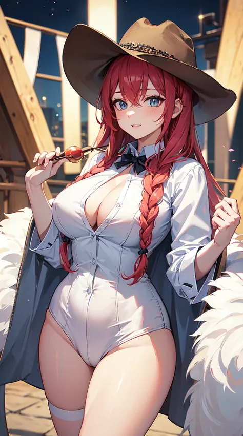 master part,(melhor qualidade),(ultra detalhado),(8k, 4k, intrincado), 1 girl, cabelo rosa longo, plaits, cowboy hat, (camisa aberta com espartilho), sorrir, olhos vermelhos, Curvy,