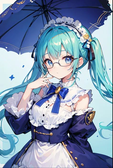 careless，Glasses lady，Cute little Lolita with light blue twin tails，Little cute，Moe girl，Soft and cute，Cute and cute，Blue-gold pupils，Golden decoration