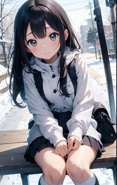 On the table, Best quality at best, A high resolution,Anime girl sitting on skis in the snow，Trees in the background, in the snow, In the snow, (yuki), in the winter, yuruyuri, akiko takase, Snow in winter, illustratio!, snowy days, inspired by Miwa Komats...